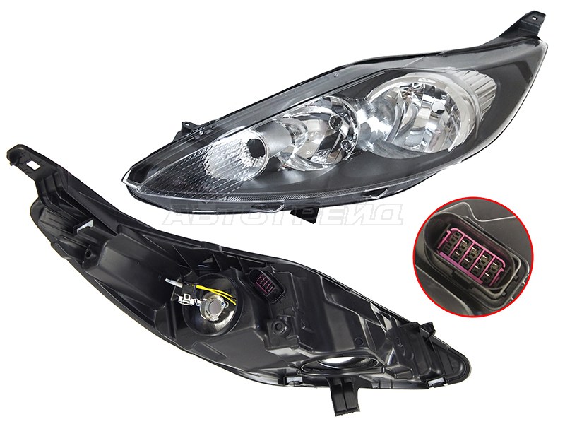 Фара Ford Fiesta 08-12 (Слева/ Галоген/ С электрокорректором/ Чёрная)