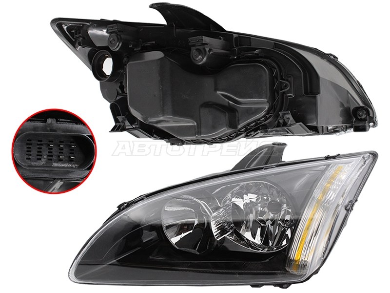 Фара Ford Focus 04-08 (Слева/ Галоген/ Ручная регулировка/ чёрная)