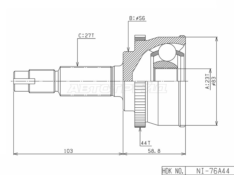 ШРУС ВНЕШ С КОЛЬЦОМ ABS HDK NI076A44