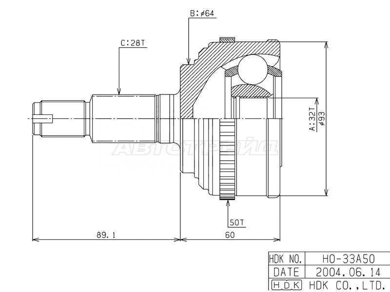 ШРУС наружн [ABS] 50z HDK HO033A50