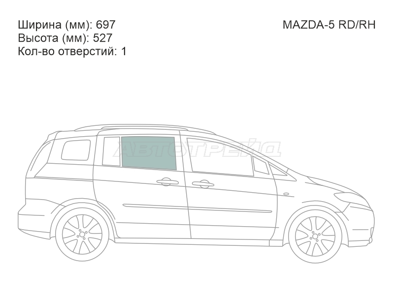 Стекло боковое опускное (Сзади/ Справа/ Цвет зеленый) Mazda 5 04-11 / Premacy 05-10 / Nissan Lafesta 11-18