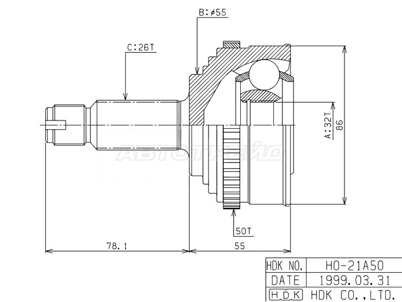 ШРУС ВНЕШ С КОЛЬЦОМ ABS HDK HO021A50