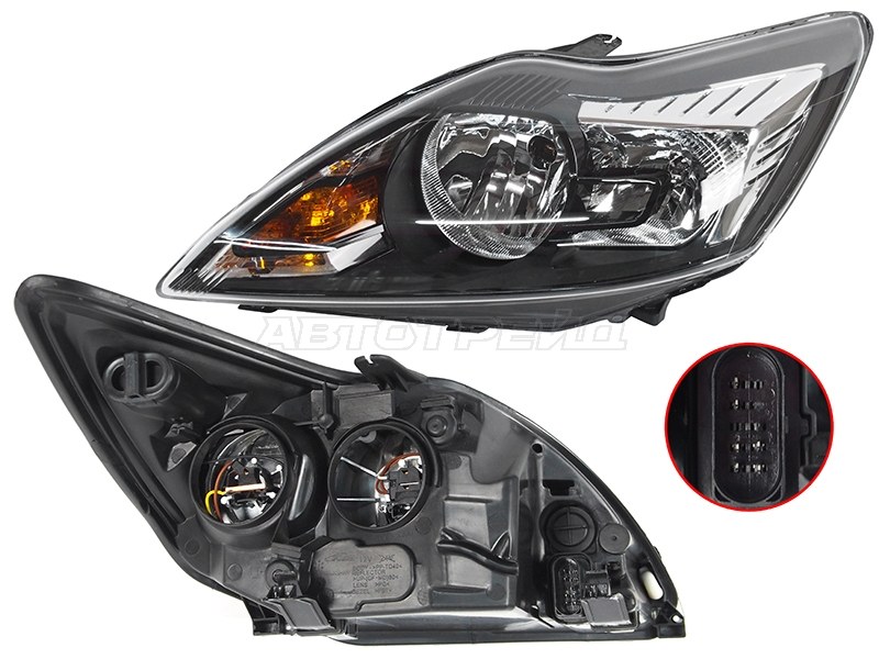 Фара Ford Focus 07-11 (Слева/ Галоген/ С электрокорректором/ Чёрная)