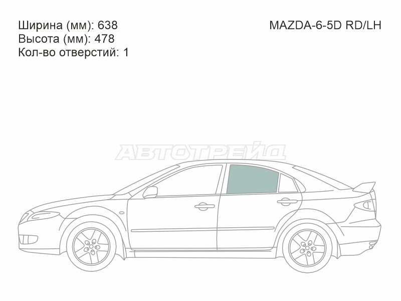 Стекло боковое опускное (Сзади/ Слева/ Цвет зеленый) Mazda 6 02-08 / Atenza 02-07