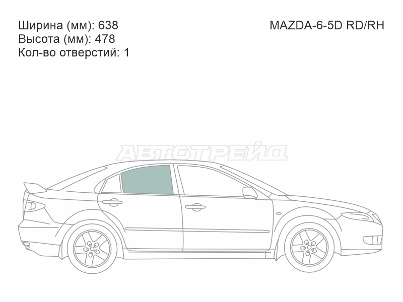 Стекло боковое опускное (Сзади/ Справа/ Цвет зеленый) Mazda 6 02-08 / Atenza 02-07