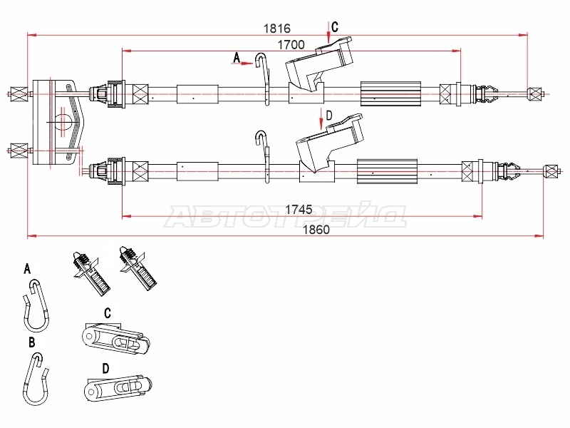 Трос ручного тормоза Ford Focus 04-11 / C-MAX 03-10 (Диск)