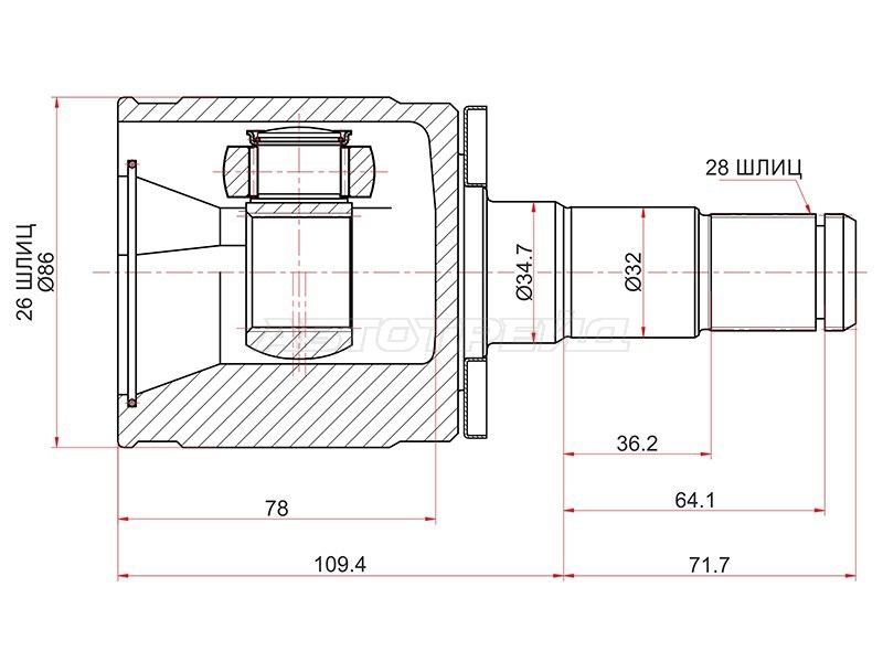 Шрус (Спереди/ Слева/ Внутр) Mitsubishi Delica 94-07 / L200 86-96