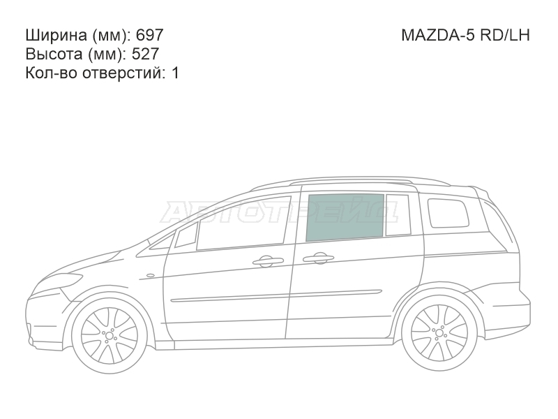Стекло боковое опускное (Сзади/ Слева/ Цвет зеленый) Mazda 5 04-11 / Premacy 05-10 / Nissan Lafesta 11-18